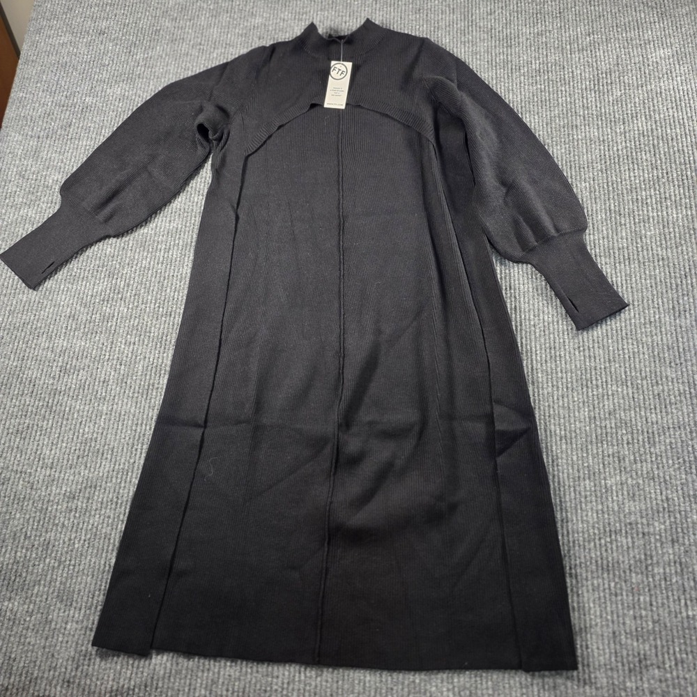 Fashion to Figure Black Ribbed Mock Neck Puff Sleeve Midi Dress Size 0 NEW